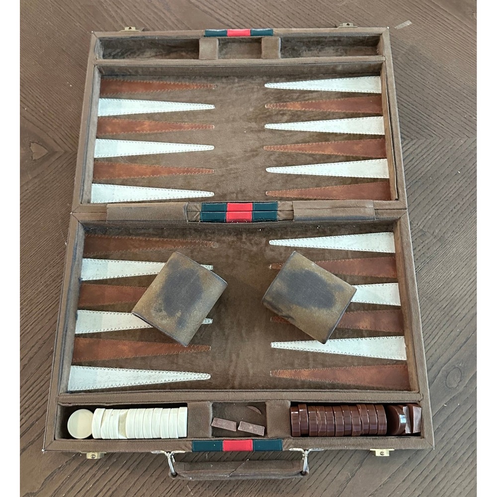 Vintage Suede Backgammon Set Brown with Red Green Stripe Web Detail As Is